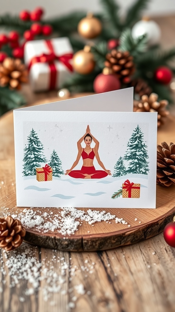 Yoga-inspired Christmas card with a person in a yoga pose in a winter setting.